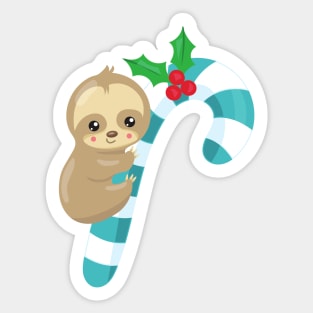 Christmas Sloth, Cute Sloth, Candy Cane, Mistletoe Sticker